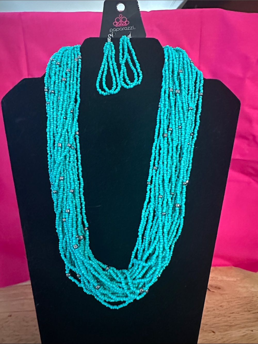 paparazzi Turquoise Multi-Strand Beaded Necklace with Matching Earrings